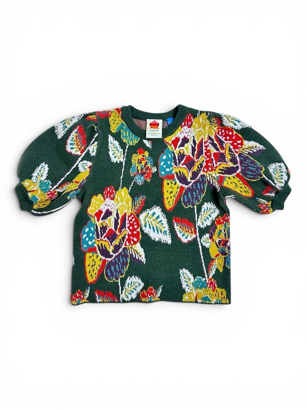 FARM Rio Anthropologie Margarita Floral Puff Sleeve Sweater M Cottage Artsy - Picture 2 of 16